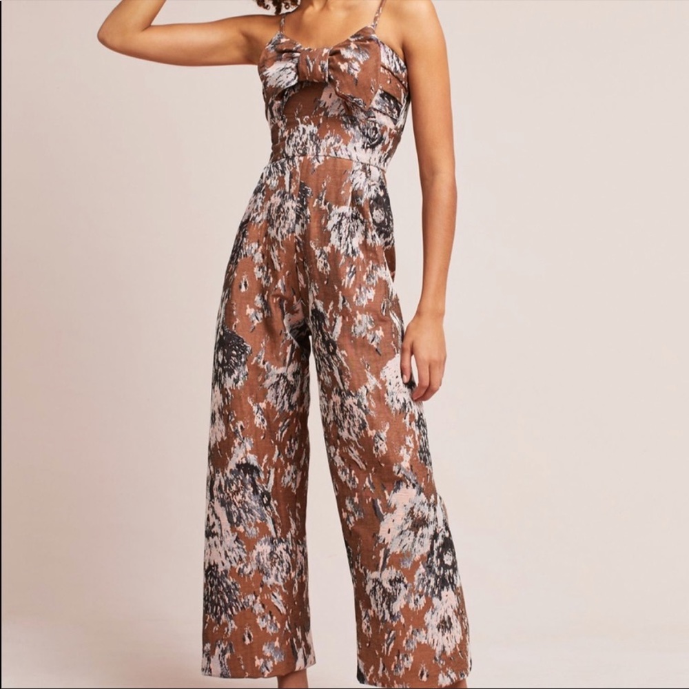 Anthropologie Jacquard Bow Floral Jumpsuit | Size M